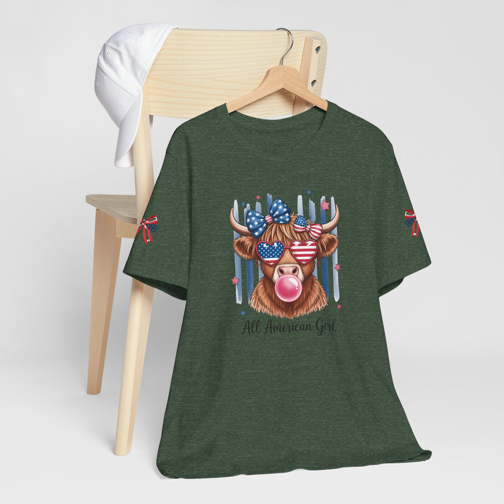 All-American Girl Highland Cow T-Shirt — Patriotic Cute Cow Tee