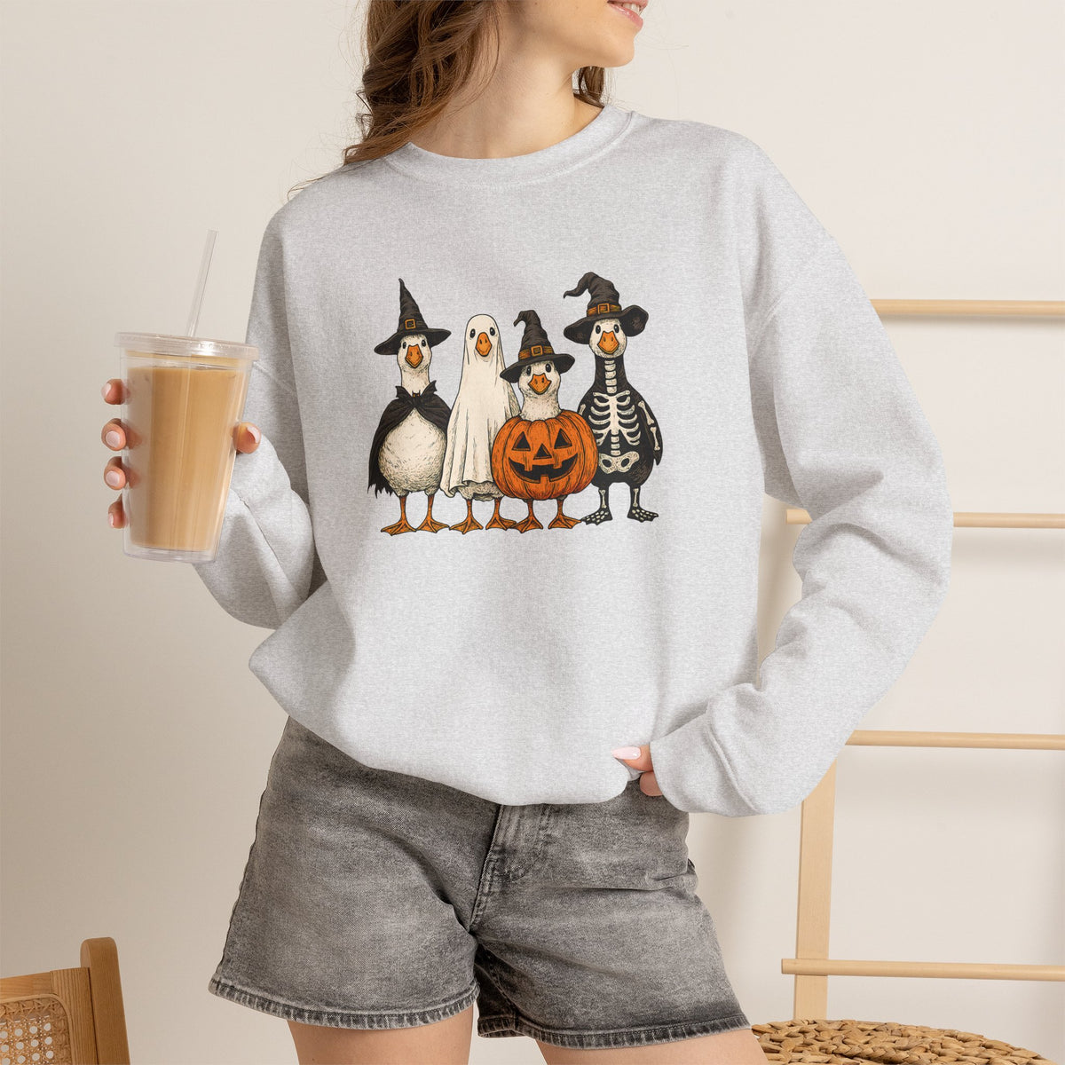 Halloween Duck Crewneck Sweatshirt — Cute Ducks in Costumes with Pumpkin & Skeleton