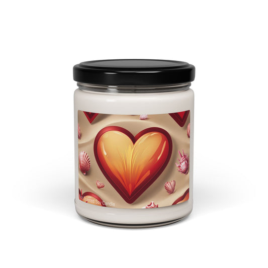 Scented Candle, Valentines Day Gift, Hearts Sand Seashells Decor, Soy Wax, 9oz, Romantic Gift, Relaxation Candle