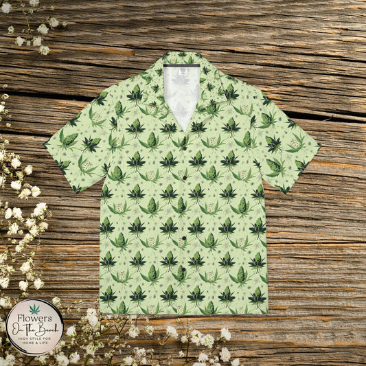 Men's Weed Hawaiian Shirt, Festive Green Marijuana Aloha Shirt, Tropical Cannabis Flowers Button-Up, Rasta Leaf Beach Shirt, Summer 420