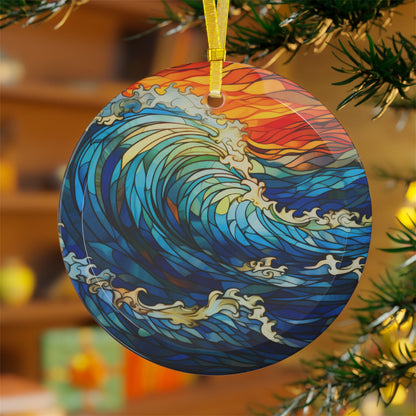 Glass Ornaments, Stained Glass Style Ocean Wave Ornament - Holiday Decor, Christmas Tree Decoration, Coastal Home Accents, Unique Gift