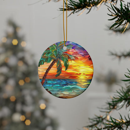 Ceramic Ornaments, Tropical Sunset Palm Tree, Mosaic Style, Decorative Home Decor, Christmas Ornament, Holiday Decoration, Tree Ornament,