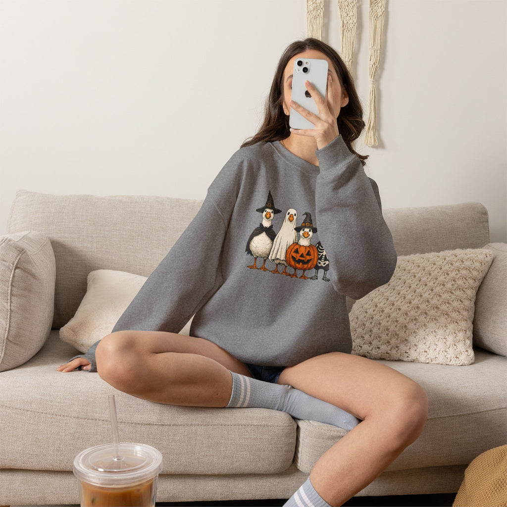Halloween Duck Crewneck Sweatshirt — Cute Ducks in Costumes with Pumpkin & Skeleton
