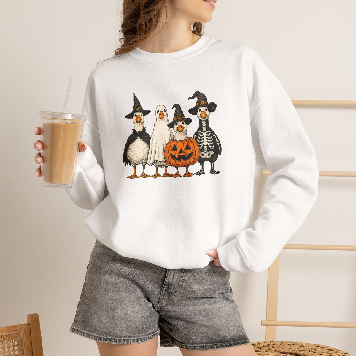 Halloween Duck Crewneck Sweatshirt — Cute Ducks in Costumes with Pumpkin & Skeleton