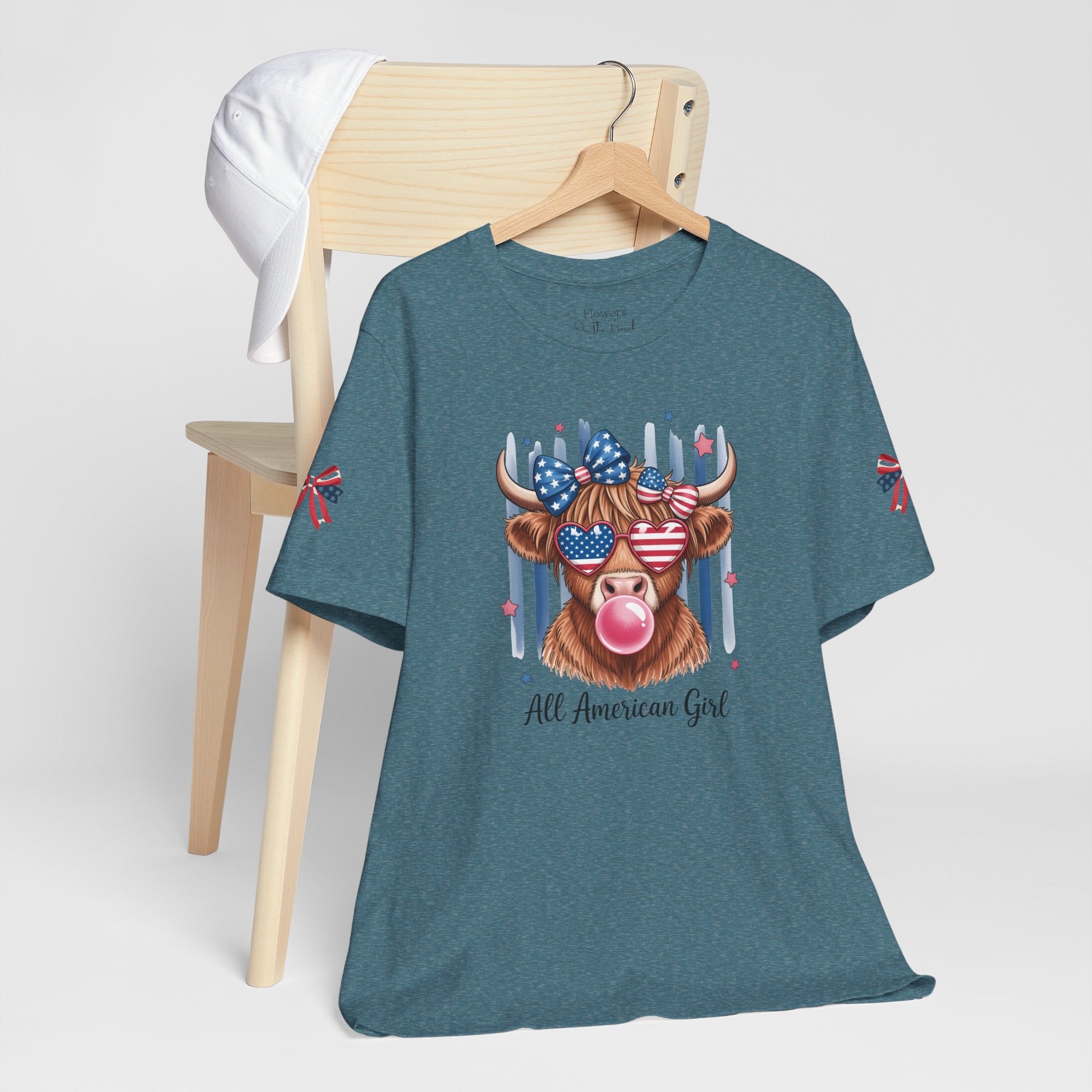 All-American Girl Highland Cow T-Shirt — Patriotic Cute Cow Tee