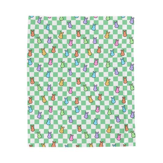 Green Spring Peeps Bunnies Velveteen Plush Blanket for Easter, Soft Throw, Cozy Bedding, Colorful Bunny Print Bedspread, Kids Room Decor