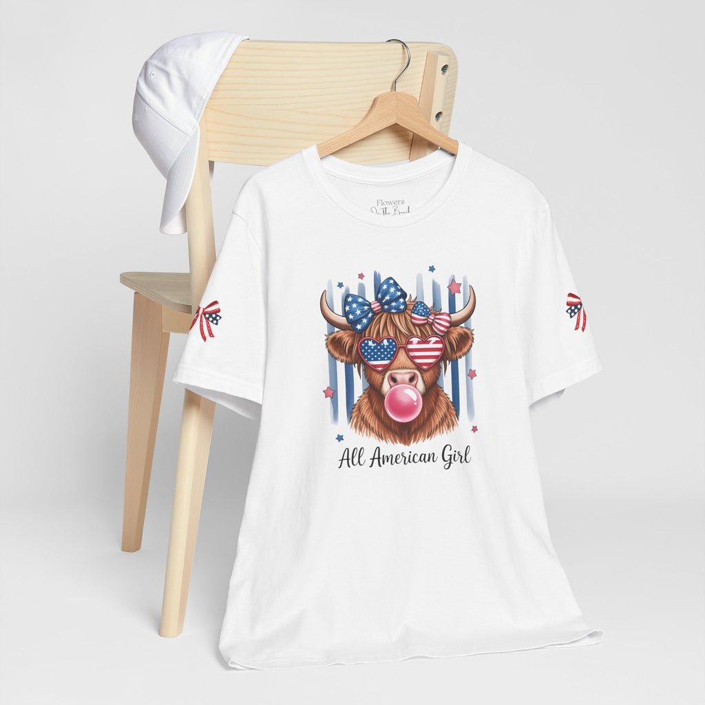 All-American Girl Highland Cow T-Shirt — Patriotic Cute Cow Tee