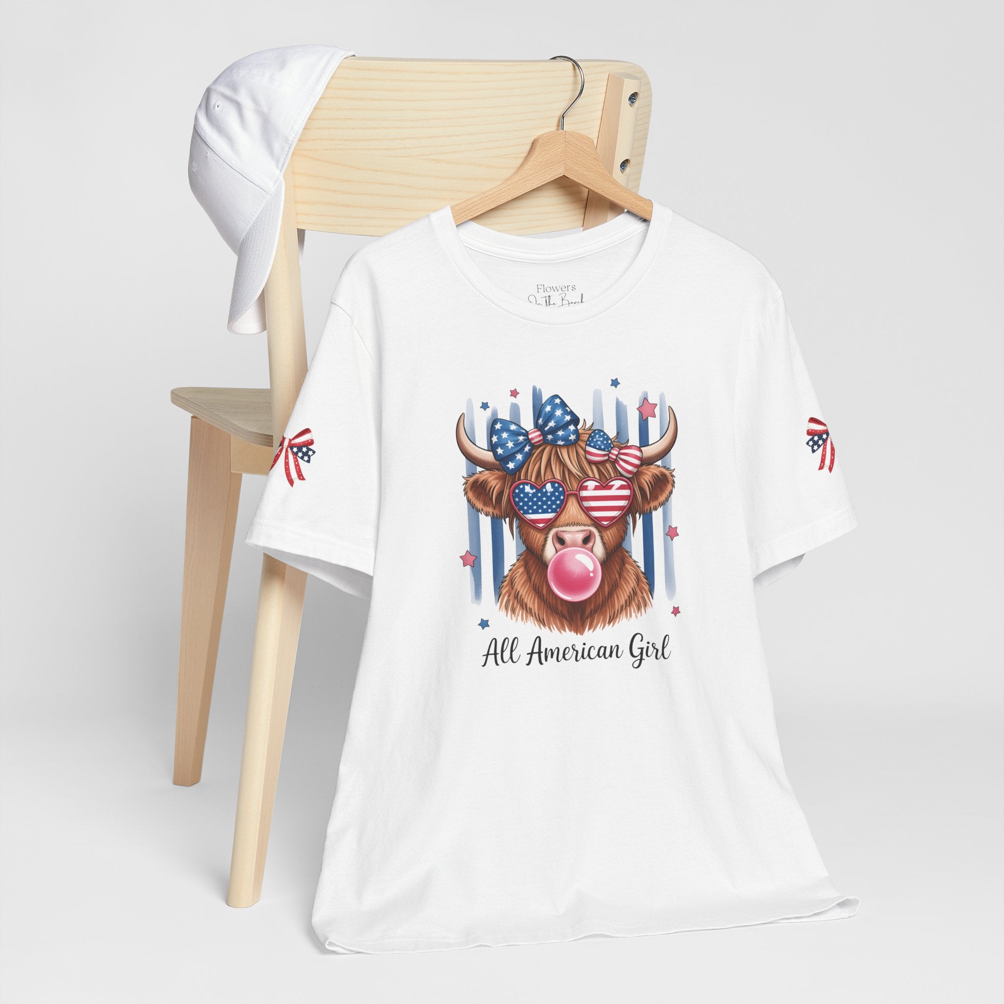 All-American Girl Highland Cow T-Shirt — Patriotic Cute Cow Tee