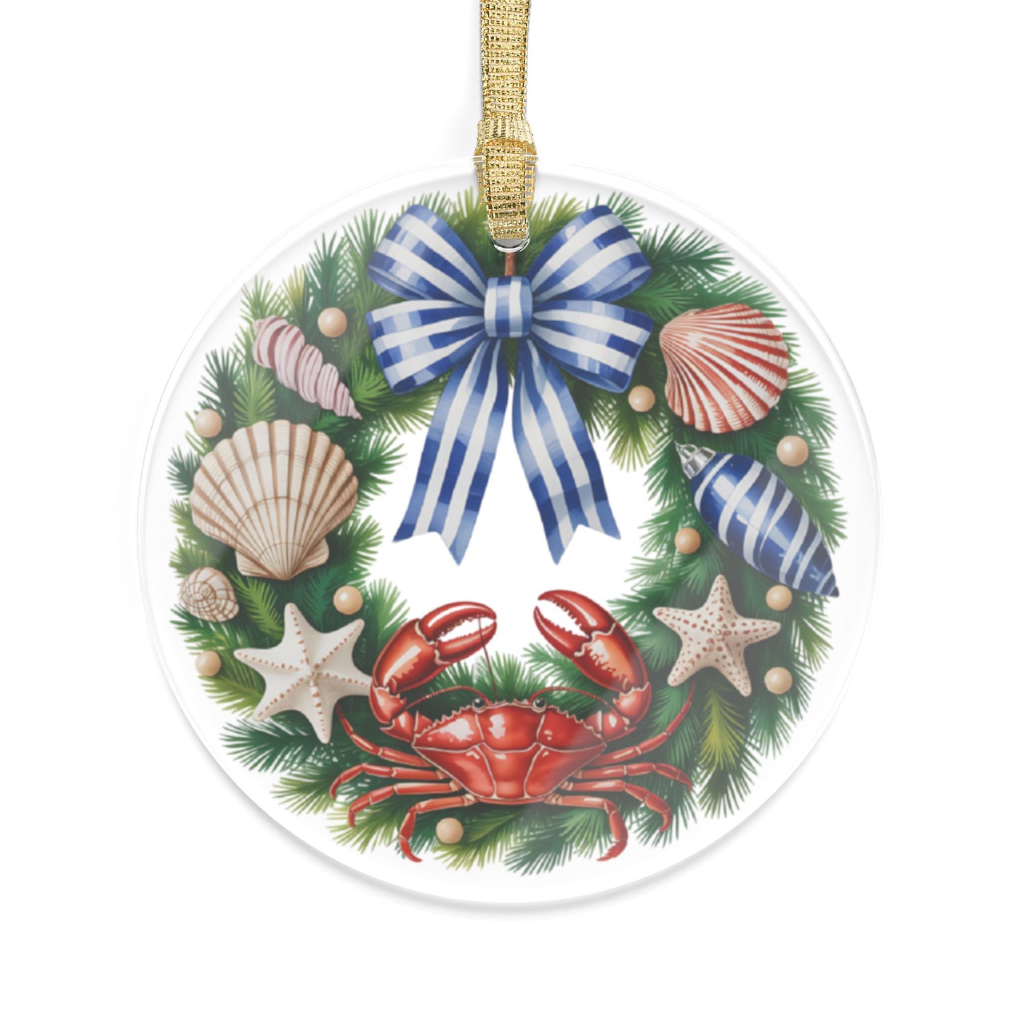 Acrylic Ornament, Coastal Theme Christmas Wreath Ornament, Holiday Decor, Nautical Christmas Decoration, Beachy Christmas, Crab Ornament