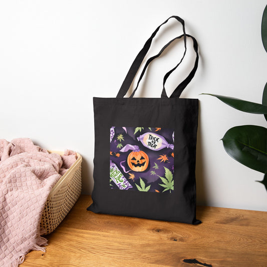 Stoner Halloween Canvas Tote Bag, stoner Halloween tote bag, weed leaves Halloween tote bag, 420 Halloween tote