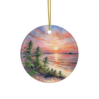 Flowers on the Beach Ceramic Ornaments, Tropical Sunset Weed Leaf Tree, Painted Style, Christmas Ornament, Holiday Decoration, Tree Ornament, Stoner Christmas