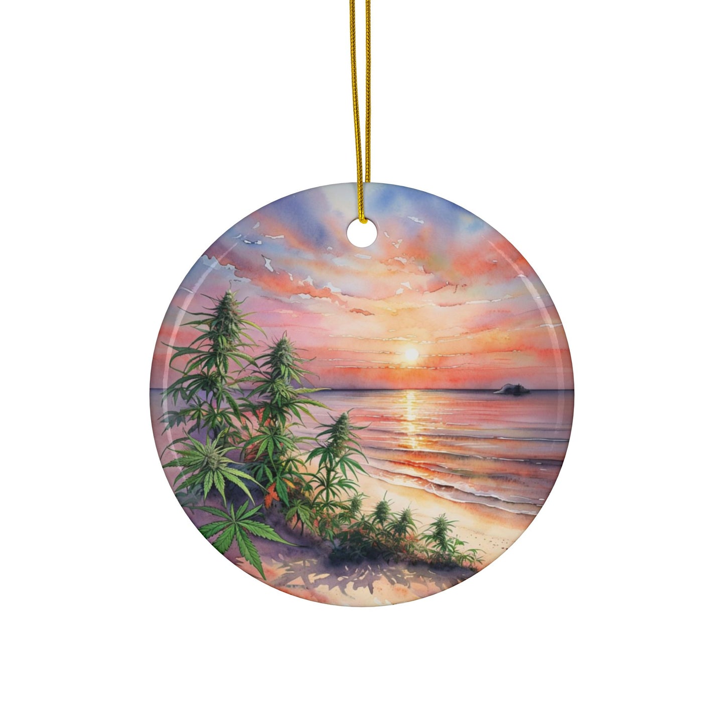 Flowers on the Beach Ceramic Ornaments, Tropical Sunset Weed Leaf Tree, Painted Style, Christmas Ornament, Holiday Decoration, Tree Ornament, Stoner Christmas