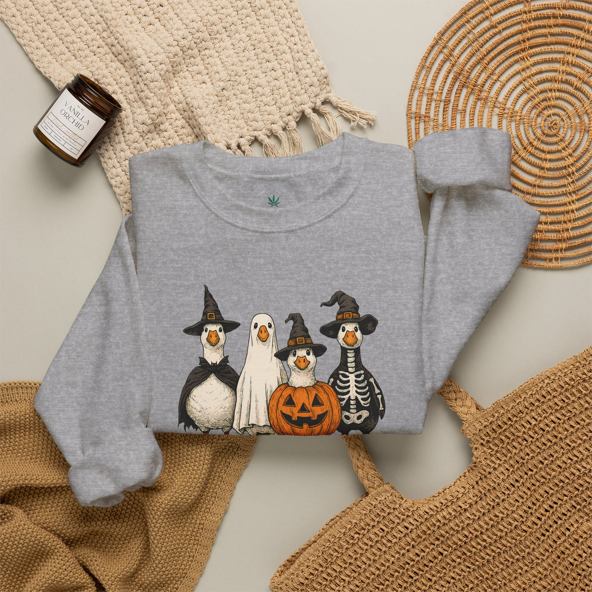 Halloween Duck Crewneck Sweatshirt — Cute Ducks in Costumes with Pumpkin & Skeleton