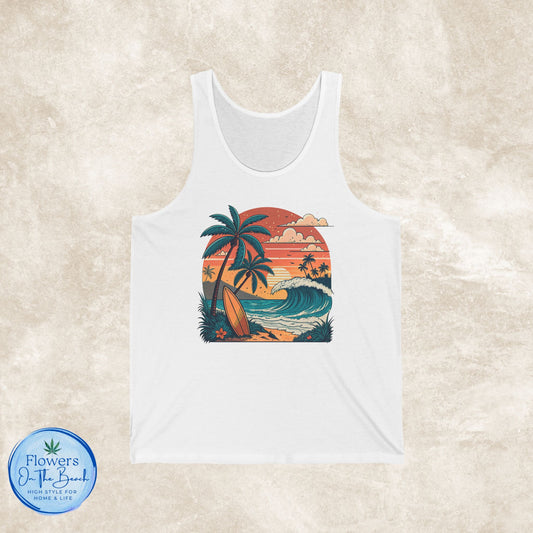 Retro Beach Vibes Unisex Jersey Tank, Beach Sunset Tank Top, Gift for Beach Lover, Summer Tank Top, Beach Tank Top, Unisex Tank Top