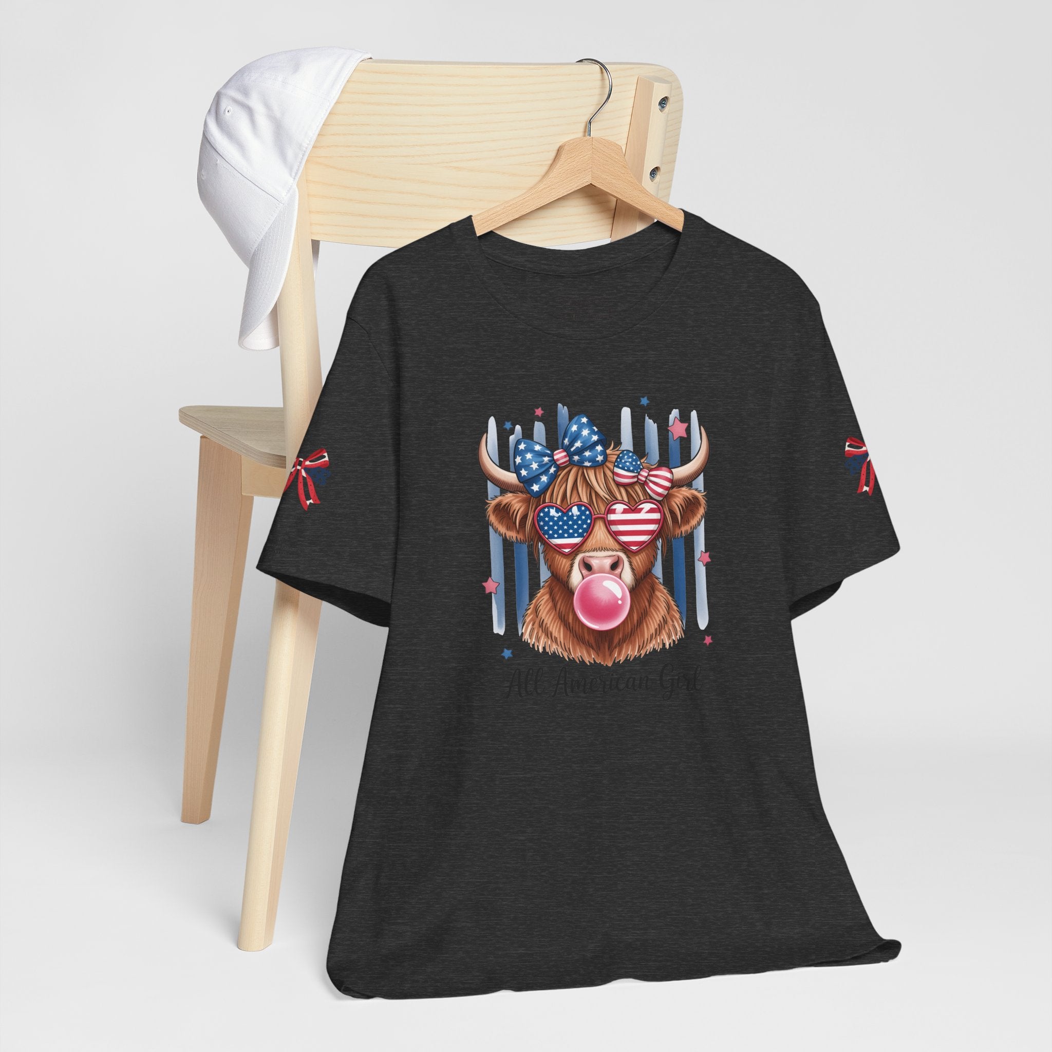 All-American Girl Highland Cow T-Shirt — Patriotic Cute Cow Tee