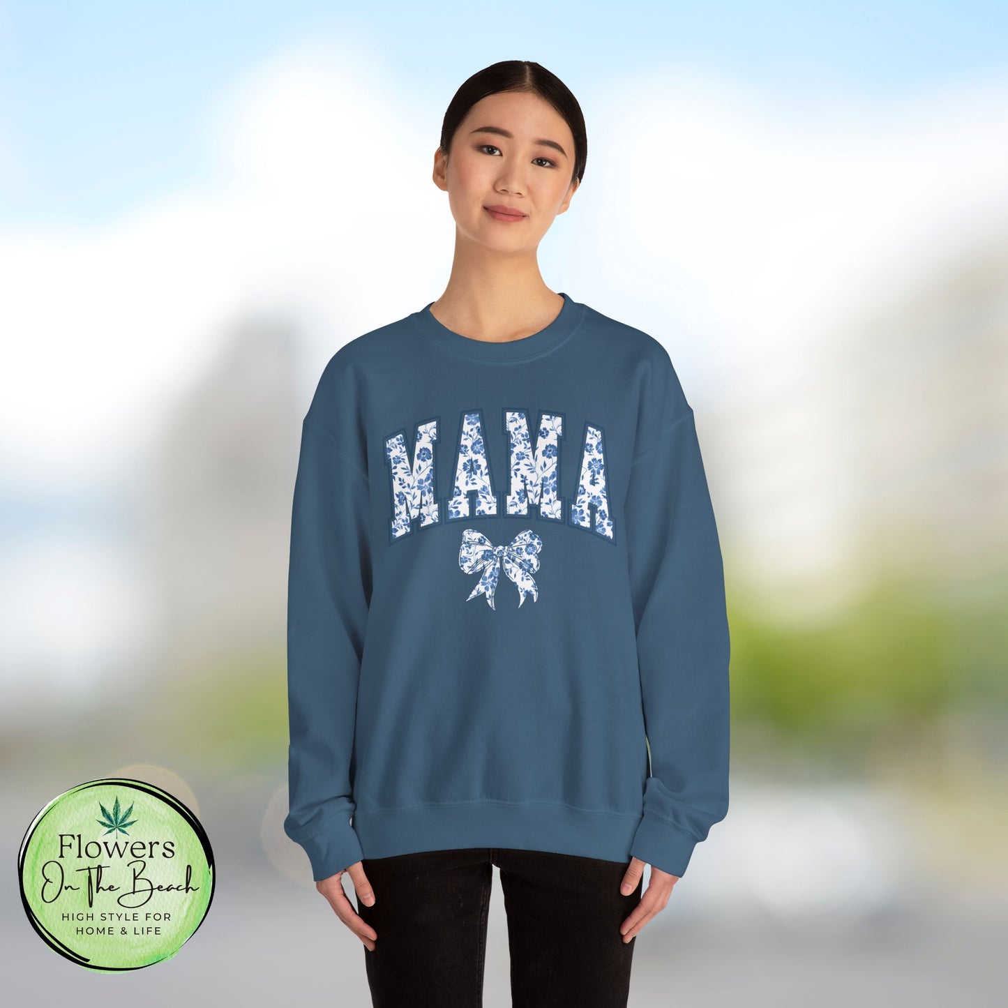 Floral Mama Coquette Blue Flowers Crewneck Sweatshirt, Mother's Day Gift, Gift for Her, Mom Apparel, Floral Sweatshirt, Boy Mom Sweatshirt