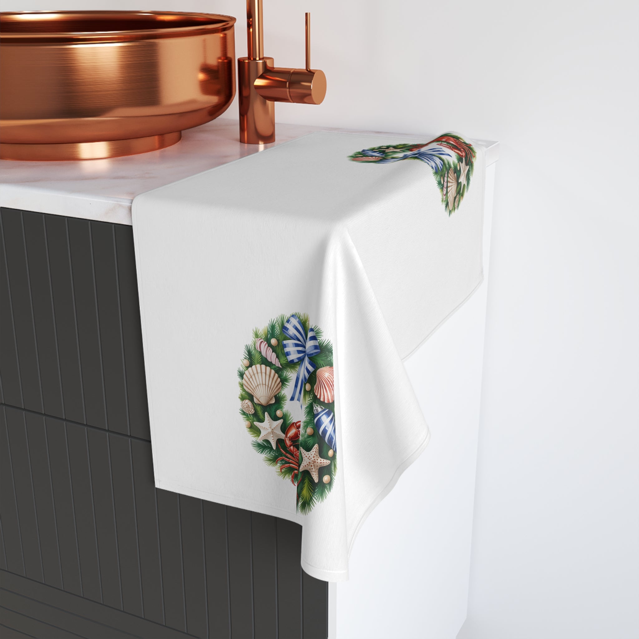 Coastal Crab & Seashell Wreath Hand Towel