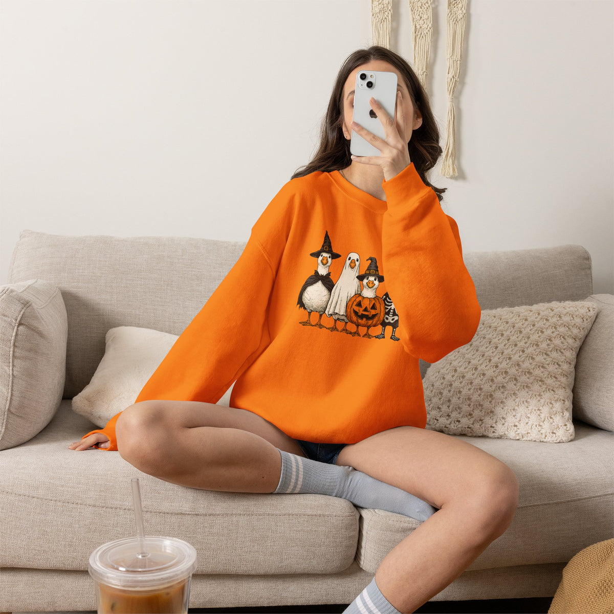 Halloween Duck Crewneck Sweatshirt — Cute Ducks in Costumes with Pumpkin & Skeleton