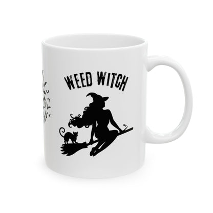Ceramic Mug - Weed Witch Mug, Stoner Gift, Halloween Theme, Coffee Drinker Gift, Flying Bats, Mug For Your Cannabis Coffee