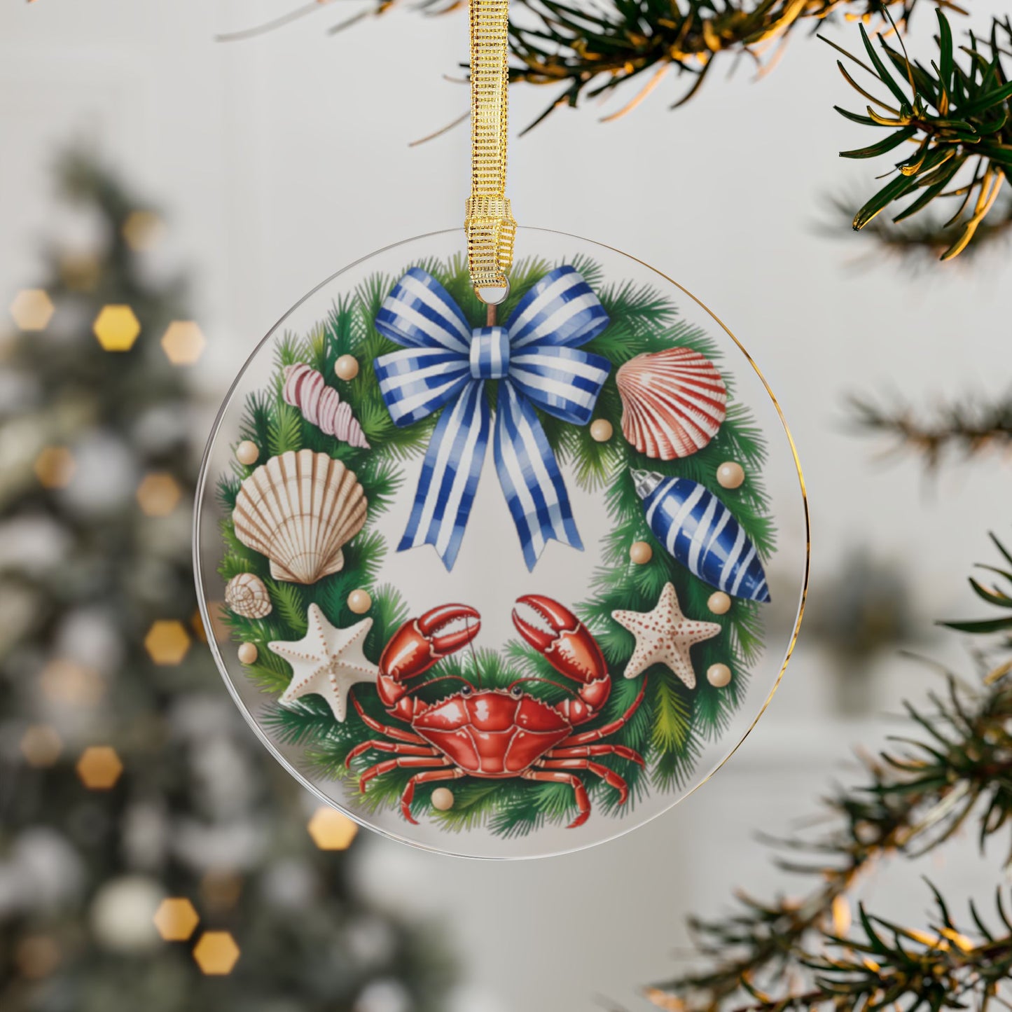Acrylic Ornament, Coastal Theme Christmas Wreath Ornament, Holiday Decor, Nautical Christmas Decoration, Beachy Christmas, Crab Ornament