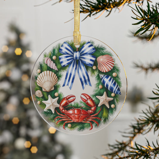 Acrylic Ornament, Coastal Theme Christmas Wreath Ornament, Holiday Decor, Nautical Christmas Decoration, Beachy Christmas, Crab Ornament