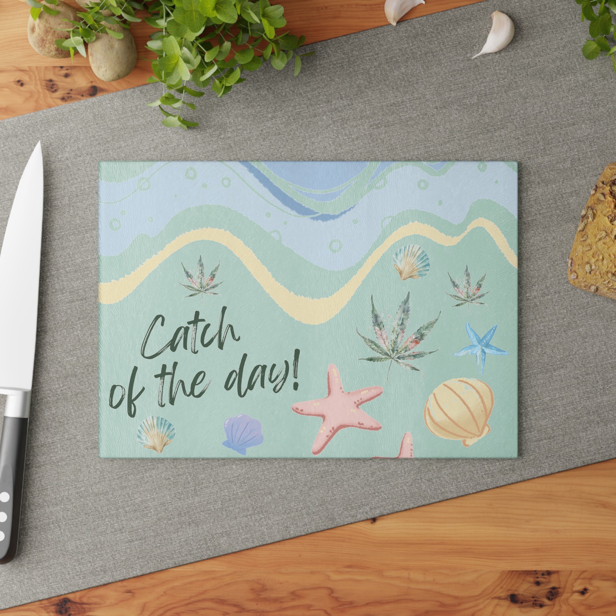 Catch of the Day ( with Subtle Weed Leaves) Glass Cutting Board
