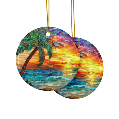 Ceramic Ornaments, Tropical Sunset Palm Tree, Mosaic Style, Decorative Home Decor, Christmas Ornament, Holiday Decoration, Tree Ornament,