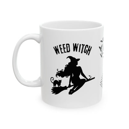 Ceramic Mug - Weed Witch Mug, Stoner Gift, Halloween Theme, Coffee Drinker Gift, Flying Bats, Mug For Your Cannabis Coffee