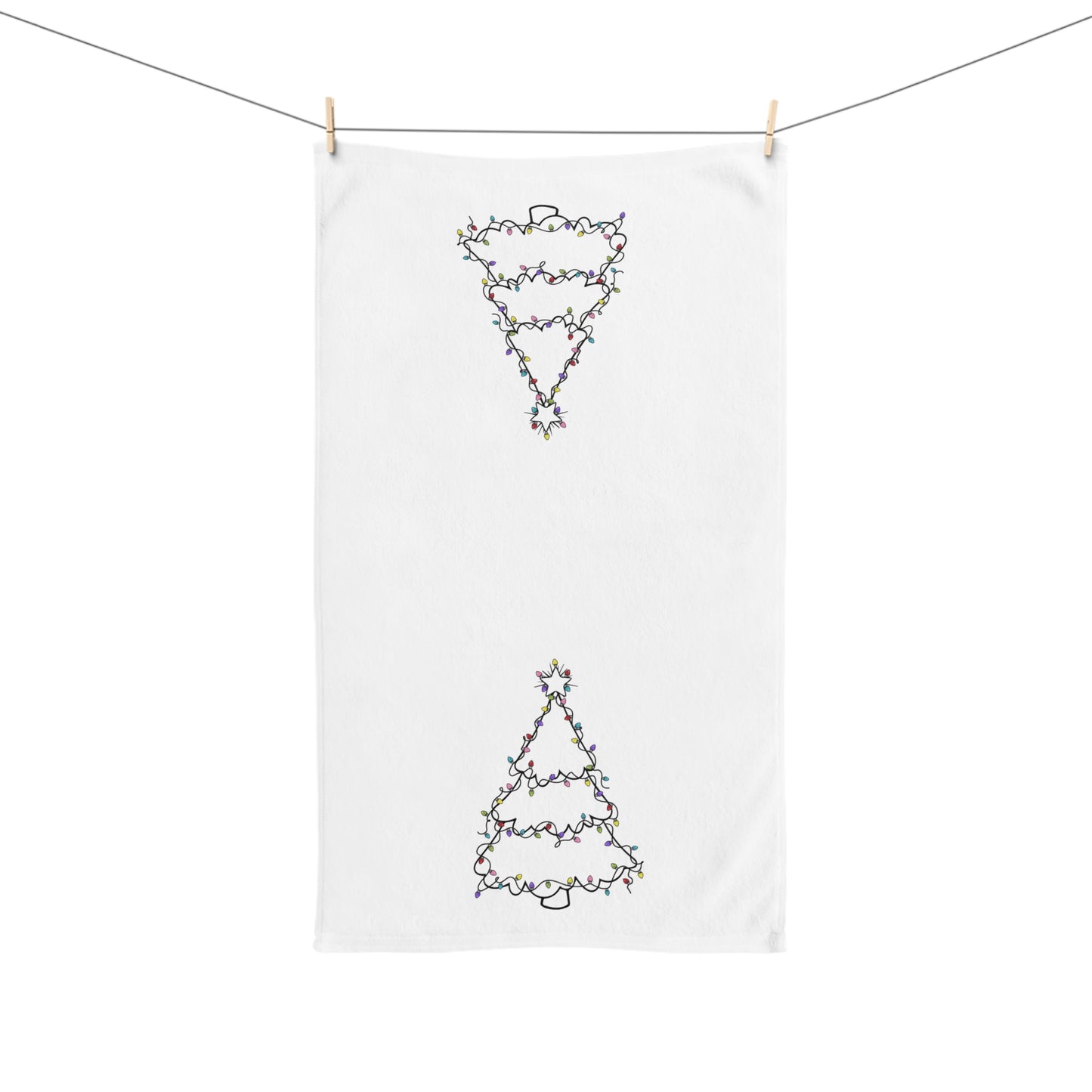 Christmas Hand Towel, Minimalist Tree with Lights Line Drawing, Holiday Kitchen Decor, Festive Bathroom Towel, Gift for Hostess, Winter Home