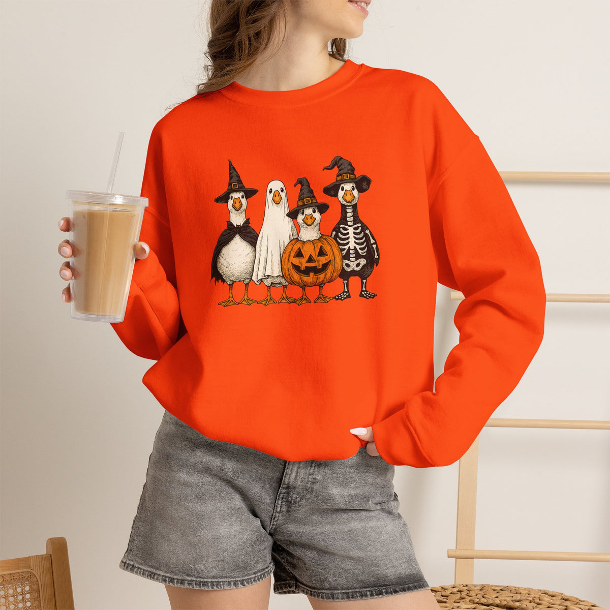 Halloween Duck Crewneck Sweatshirt — Cute Ducks in Costumes with Pumpkin & Skeleton