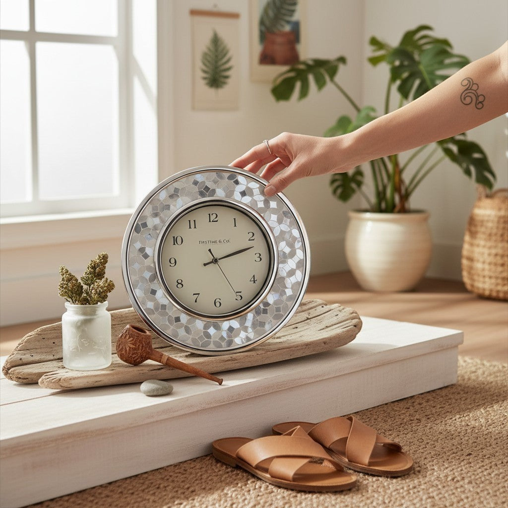 Flowers on the Beach elegant silver and white pearlescent wall clock with mosaic frame and white face.